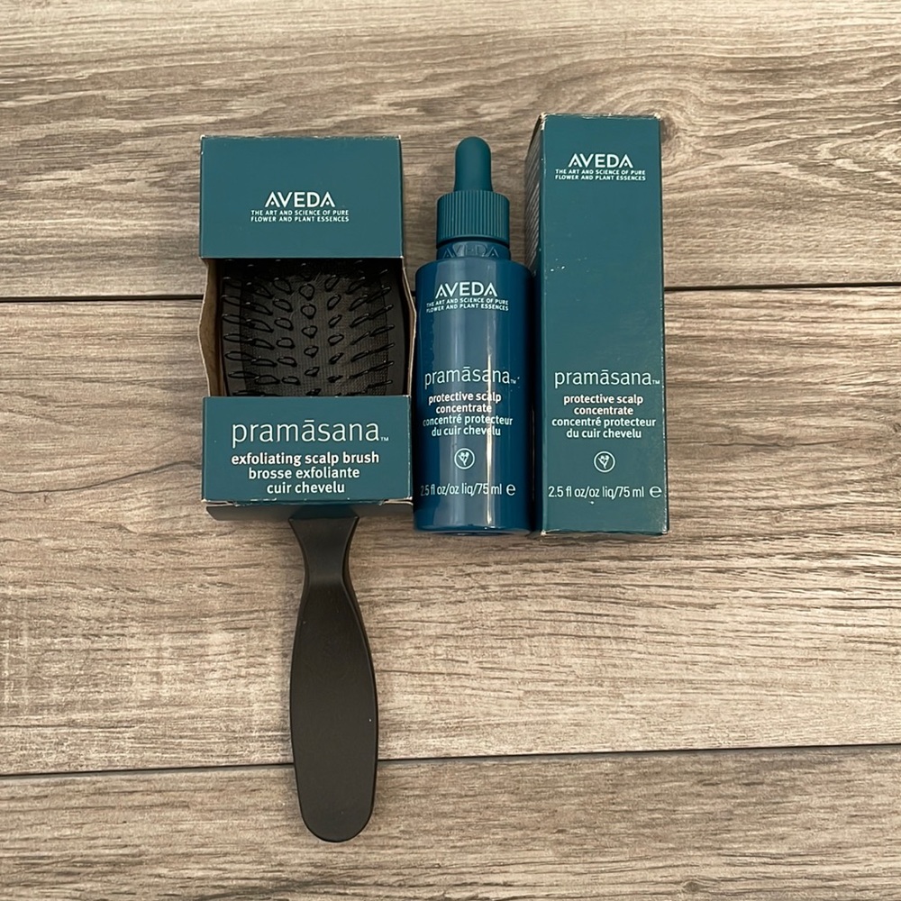 Aveda Pramasana exfoliating scalp brush & protective scalp concentrate.